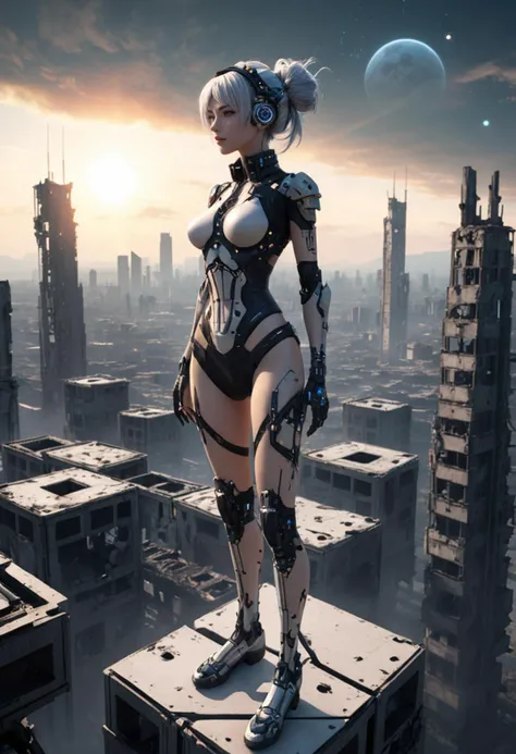 Scene: A young woman stands atop a ruined skyscraper, the remains of a once-prosperous city below her. The sun has yet to rise over the horizon, but she can see the stars above and feel their energy coursing through her body. She is dressed in biopunk attire, with cybernetic enhancements that allow her to control machinery with her mind. A sense of freedom and power courses through her veins as she surveys her surroundings, knowing that she has the ability to shape the world around her., 3d render, anime, (&:0)