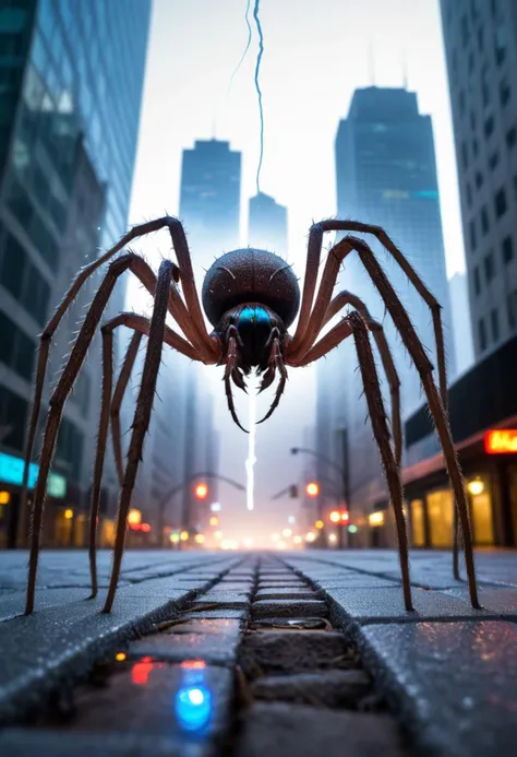 The cityscape awakens: a quirky mist pours forth, casting an eerie glow on the grotesque skyscrapers, Amidst this Shadowy morning, a trifurcated-tailed arachnid being emerges, her iridescent skin glistening with dew, Plantigrade appendages flex as she explores the frost-encrusted streets, bioluminescence crackling like distant lightning, , (&:0)