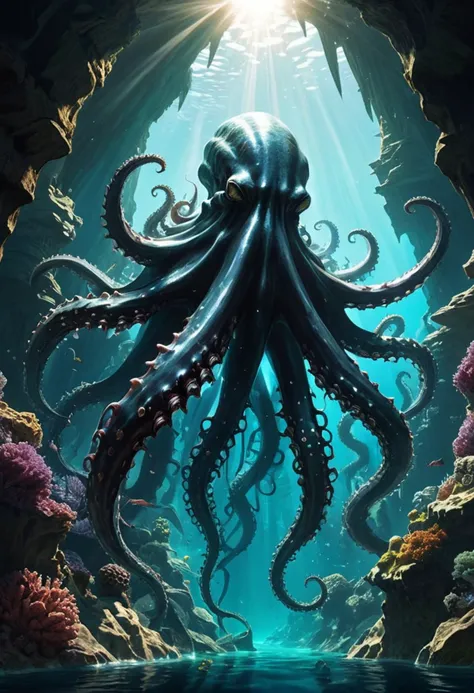 "A colossal aquatic entity undulates through the crystal-clear waters, its obsidian scales glistening like black opals, Spiked tail thrashes behind it, as slit ears flail in the sunshine, Tentacles curl around stalactites, releasing euphoric sparks, The metro's hum is drowned out by the radicalized spirit of this gargantuan presence," , (&:0)