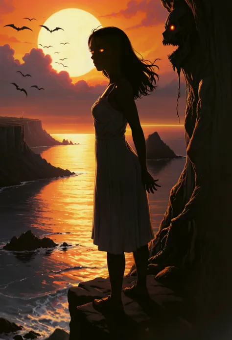 The British Virgin Islander young woman stands on the edge of a cliff, silhouetted against the setting sun, her face illuminated in a ghastly glow as she watches an approaching horde of monstrous creatures. A terrifying dread settles over her as they draw closer, their eyes glowing with malevolent intensity.
"Evil lurks in the darkness," she whispers to herself, "and it's coming for us.", (&:0)