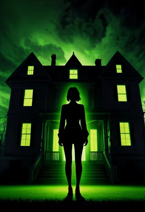 Scene: A young woman, surrounded by darkness and eerie shadows, standing in front of an old, haunted house. Her silhouette is ominous against the pitch-black sky, highlighted by a glowing green light emanating from within the building. The air is thick with foreboding, and the womanâs heart races as she takes a deep breath and steps inside..., (&:0)