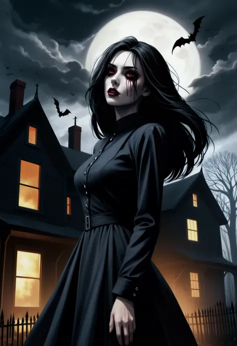 The young woman stood motionless in front of the haunted house, her hair whipping around her face in the howling wind. The sky was dark and ominous, casting an eerie glow over everything in sight. She could feel the presence of something malevolent lurking in the shadows, waiting to pounce on its next victim., (&:0)