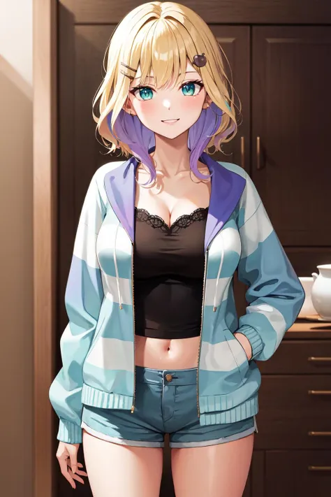 a blonde woman, a purple lock, two piercings on both sides of her lower lip, several pricing in his right ear, collegiate clothing, drawing version yandere simulator, light brown eyes, one white and one black sock, big breasts, Her measurements are 90 bust, 60 waist and 90 hips.