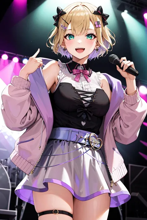 A pink haired woman with violet eyes is singing karoke with a red haired woman with red eyes