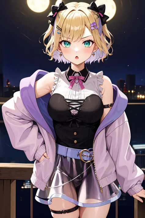 masterpiece, best quality, highres, aanoah, short hair, multicolored hair, hair bow, hair ornament, neck ribbon, sleeveless shirt, off shoulder, pink jacket, open clothes, belt, skirt, thigh strap, <lora:kurumi_noah_v1:0.7>, hand on hip, night, outdoors, standing, serious, :o