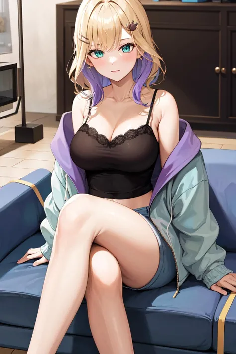 masterpiece, best quality, highres, ccnoah, medium hair, multicolored hair, hairclip, cleavage, black camisole, blue jacket, (striped jacket:1.1), long sleeves, sleeves past wrists, navel, shorts, <lora:kurumi_noah_v1:0.7>, indoors, living room, sofa, sitting, crossed legs,