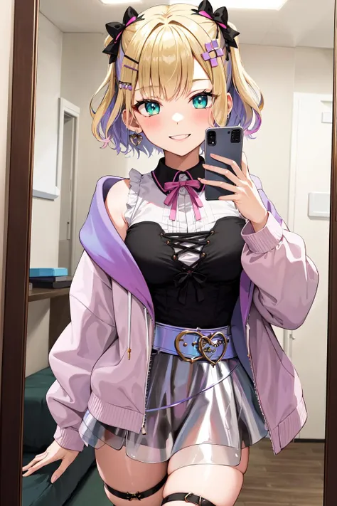 masterpiece, best quality, highres, aanoah, short hair, multicolored hair, hair bow, hair ornament, neck ribbon, sleeveless shirt, off shoulder, pink jacket, open clothes, belt, skirt, thigh strap, indoors, selfie, mirror, smile, cellphone,