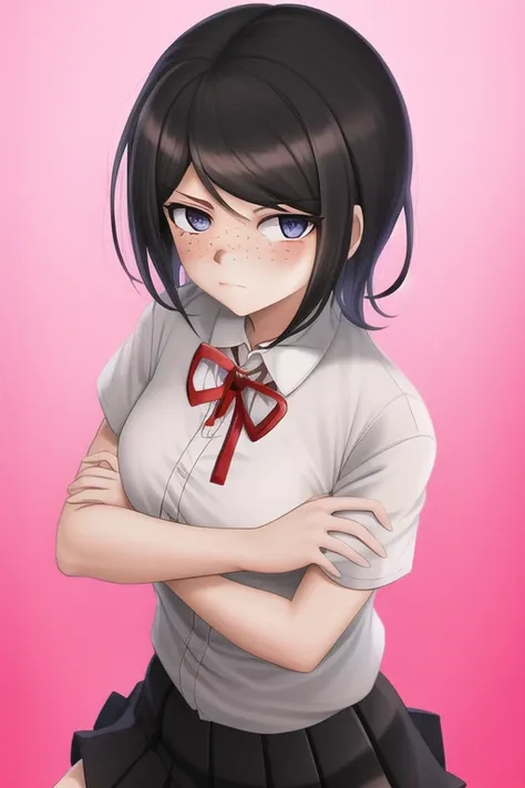 Masterpiece, Best Quality, <lora:MukuroDG:1>, 1girl, solo, skirt, shirt, pleated skirt, black skirt, ribbon, white shirt, short sleeves, neck ribbon, miniskirt, school uniform, simple background, red ribbon, bow, closed mouth, collared shirt, freckles, classroom, medium breasts,