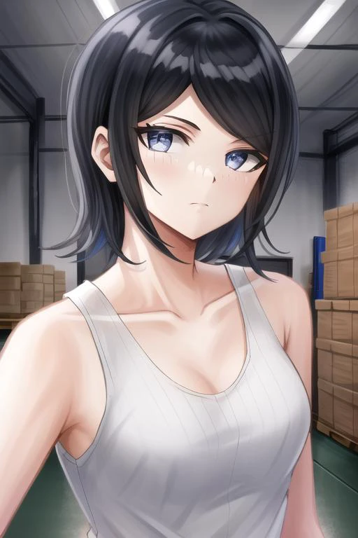 Masterpiece, Best Quality, <lora:MukuroDG:1>, 1girl, solo, collarbone, looking at viewer, tank top, upper body, black tank top, white background, closed mouth, bare shoulders, indoors, night, warehouse, gloves, dark,