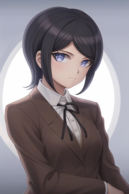 Masterpiece, Best Quality, <lora:MukuroDG:1>, 1girl, solo, jacket, ribbon, shirt, neck ribbon, upper body, looking at viewer, collared shirt, brown jacket, white shirt, black ribbon, breasts, simple background, closed mouth, white background, long sleeves, shiny hair, school uniform, transparent background, medium breasts, shiny