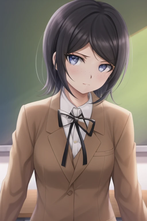 Masterpiece, Best Quality, <lora:MukuroDG:1>, 1girl, solo, jacket, ribbon, shirt, neck ribbon, upper body, looking at viewer, collared shirt, brown jacket, white shirt, black ribbon, breasts, closed mouth, long sleeves, shiny hair, school uniform, medium breasts, shiny, classroom,
