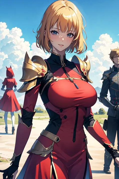 chae, 1girl, solo, looking at viewer, full, red dress, red costume, short hair, blonde hair, black eyes, upper body, parted lips, sky, artist name, armor, blue sky, shoulder armor, epaulettes, masterpiece, anime, realistic, high quality, magic, smile, blush, mature woman, big breast, slim, <lora:chae:1>, tight dress,