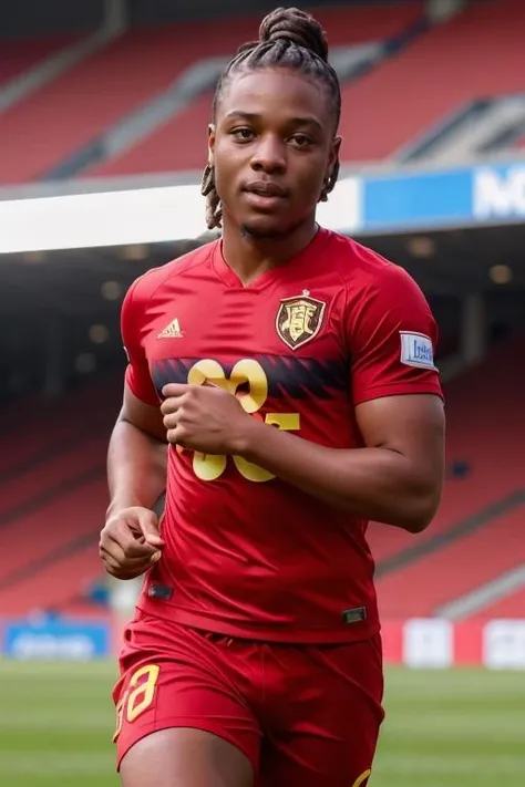 one man, doku, short dreads ponytail hair, wearing belgian national team urbsfa soccer uniform, soccer field, playing soccer in a stadium, perfect face, perfect body, ultra-detailed face, ultra-detailed eyes, looking at viewver  <lora:add_detail:0.2> <lora:Soccer Uniform By Stable Yogi:0.5>  <lora:Doku:0.6> wet body