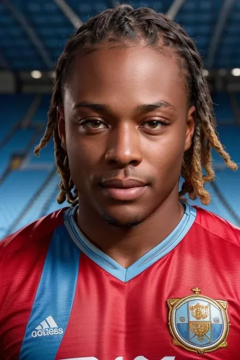 one man, doku, short dreads ponytail hair, wearing manchester city soccer uniform, soccer field, playing soccer in a stadium, perfect face, perfect body, ultra-detailed face, ultra-detailed eyes, looking at viewver <lora:add_detail:0.2> <lora:Soccer Uniform By Stable Yogi:0.5> <lora:Doku:0.6> wet body