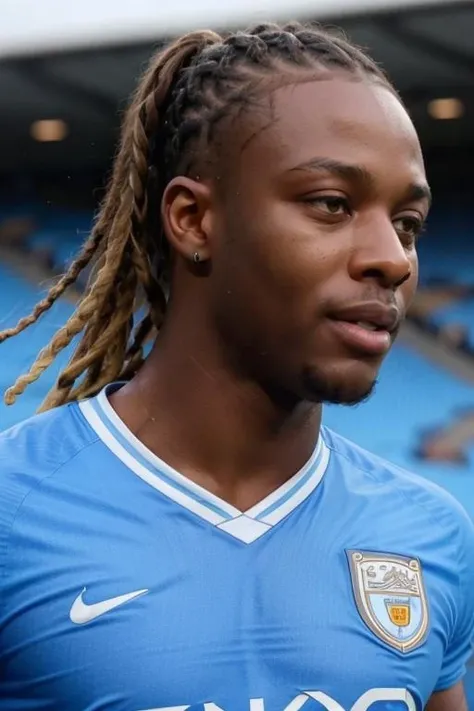 one man, doku, short dreads ponytail hair, wearing manchester city soccer uniform, soccer field, playing soccer in a stadium, perfect face, perfect body, ultra-detailed face, ultra-detailed eyes, looking at viewver  <lora:add_detail:0.2> <lora:Soccer Uniform By Stable Yogi:0.5>  <lora:Doku:0.6> wet body