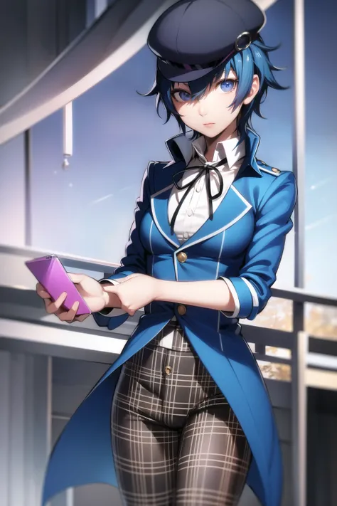 1girl, solo, naoto shirogane (p4), naotodetective, androgynous, plaid pants, blue eyes,