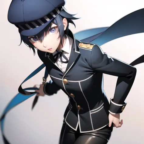 1girl, naoto shirogane (p4), naotostudent, black school uniform, collared white shirt, black pants, black jacket, blue eyes, androgynous,