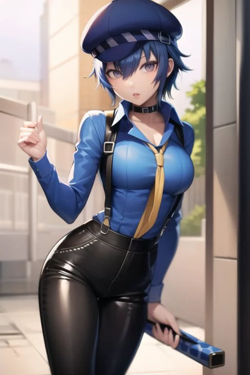 1girl, naoto shirogane (p4), naotodancing, cabbie hat, suspenders, black pants,