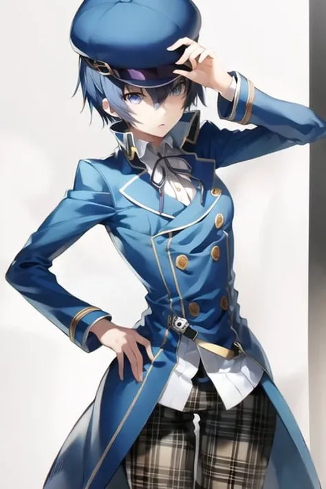 Naoto Shirogane (P4), 1girl, solo, blue hair, hair between eyes, blue eyes, short hair, (androgynous), detective uniform, blue coat, white trimmed coat, white shirt, ribbon, buttons, plaid green pants, (cabbie hat),