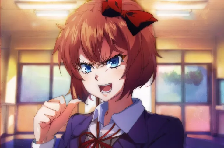 masterpiece, best quality, perfect anatomy, 1girl, portrait of sayori pointing at self, angry, shouting, dramatic lighting,
<lora:konoDIODAITWASMEDIO_v10IntialRelease:0.85>, Sayori, red bow, solo, 1girl, blue eyes, ribbon, jacket, looking at viewer, blazer,skirt, short hair, school uniform, hair bow, <lora:sayoriDDLC_v10:0.7> classroom, anime screencap,
