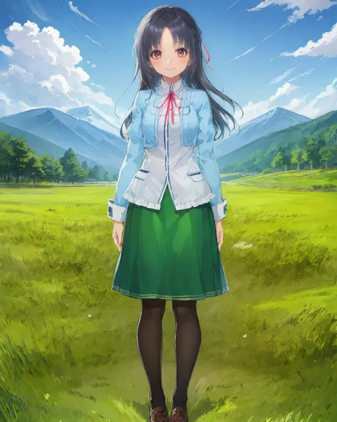 best quality, (masterpiece:1.2), illustration, absurdres, <lora:flat2:0.5>, <lora:hairdetailer:0.5>, <lora:boldline:-1.4>, <lora:clearcolor_v1.7_lbw:0.5>,
(1girl, solo, beautiful detailed girl), full body,
<lora:Shizuku-000009:0.9>, Shizuku MacLaine, long hair, black hair, parted bangs, half updo, red eyes, hair ribbon,
blue shirt, frills, red ribbon, green skirt, black pantyhose, brown shoes,
looking at viewer, gentle smile, polite,
field, prairie, sky, clouds, distant mountains,
looking at viewer, gentle smile,