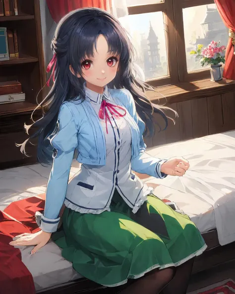 best quality, (masterpiece:1.2), illustration, absurdres, <lora:flat2:0.5>, <lora:hairdetailer:0.5>, <lora:boldline:-1.4>, <lora:clearcolor_v1.7_lbw:0.5>,
(1girl, solo, beautiful detailed girl), cowboy shot,
<lora:Shizuku-000009:0.9>, Shizuku MacLaine, long hair, black hair, parted bangs, half updo, red eyes, hair ribbon,
blue shirt, frills, red ribbon, green skirt, black pantyhose, brown shoes,
looking at viewer, gentle smile, polite,
bedroom, intricate detailed bedroom,  bed, sheets, shelf, window, day, table, rug, wooden floor,
agura,