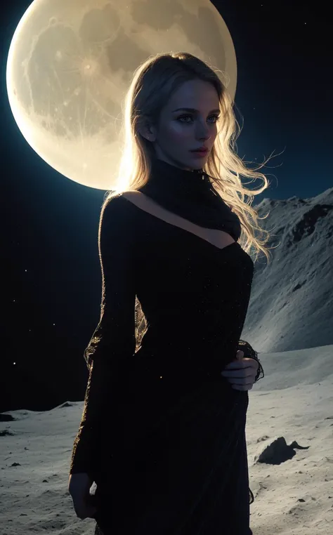 (intimate sexy portrait, style of [Annie Leibovitz|Ilya Kuvshinov|Richard Avedon|Peter Lindbergh|Herb Ritts]:1.3), busy long-exposure-motion-blur background, dramatic lighting, iconic portrait, celebrity photography, narrative composition, [[[hip-bones]]],  (Lunar Seer:1.4), (Small Perky breasts:0.81), Cratered moon, prophetic scrolls, lunar light, starlit mantle