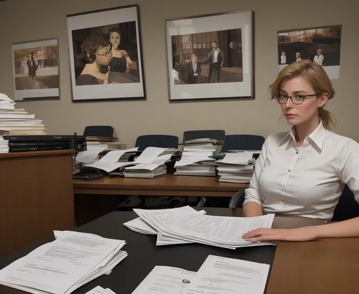 Hyperrealistic art photo, reality, highly detailed
Boss and secretary at the office desk with files, in the style of Edward Hopper, realistic lighting
secretary wearing black tights with band, glasses, side buns, . Extremely high-resolution details, photographic, realism pushed to extreme, fine texture, incredibly lifelike