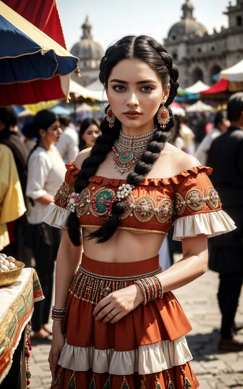 (beautiful fashion photo of 21-year-old young woman [Anastasia|Natalia|Elena|Irina|Olga|Tatiana|Ekaterina|Ksenia] style of [Annie Leibovitz|Mario Testino|Helmut Newton|Steven Meisel|Ellen von Unwerth]:1.15) (cinematic establishing shot:1.2), (Layered Depth, Soft focus foreground:1.2), [[[SkinDetail HairDetail]]] (Aztec Market Trader in Tenochtitlan (15th Century:1.4), A regal woman in her early 30s, with a vibrant energy and sharp eyes. Her hair is black and long, often styled in elaborate braids adorned with beads. Her clothing is colorful, made from the finest cotton available, decorated with symbols of her trade, making her stand out in the busy market.