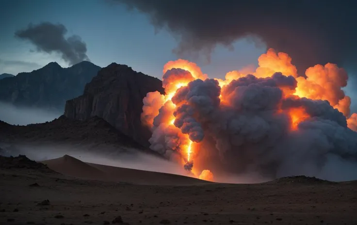 From a height of 45 degrees, you can obliquely view a newly formed crater with burning sulfur and white smoke --auto --s2