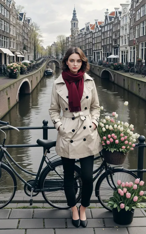 (beautiful fashion photo of 21-year-old young woman [Anastasia|Natalia|Elena|Irina|Olga|Tatiana|Ekaterina|Ksenia] style of [Annie Leibovitz|Mario Testino|Helmut Newton|Steven Meisel|Ellen von Unwerth]:1.15) (cinematic establishing shot:1.2), (Layered Depth, Soft focus foreground:1.2), [[[SkinDetail HairDetail]]] (style of Vivian Maier), [quintessential Dutch charm:Amsterdam's vibrant essence:0.7] cityscape, capturing the unique allure of Amsterdam through the day-to-day elegance of a local. Amidst this picturesque setting, a woman emerges as the embodiment of Amsterdam's soul, seamlessly blending the city's historic grace with its lively, contemporary rhythm. Her attire is a ((stylish yet comfortable ensemble)), perfect for cycling along the city's iconic canals. She dons a tailored, waterproof trench coat that whispers sophistication, paired with practical, chic footwear ideal for navigating the cobblestone streets. Her outfit is complemented by a casual scarf, adding a pop of color, and a classic, sturdy bicycle at her side, equipped with a quaint basket filled with fresh tulips. The backdrop features the charming canal houses of Amsterdam, their gabled facades a testament to the city's rich architectural history, standing tall and elegant along the serene waterways. The scene transitions smoothly into the vibrant tulip fields just outside the city, a sea of colors that captures the essence of Dutch beauty in spring. The composition skillfully intertwines Amsterdam's famed cycling culture, as the woman pauses on a bridge over a canal, her bicycle leaning gently against the railing. She takes in the view, a blend of tradition and modernity, her figure a connecting thread between the city's past and its dynamic present. This moment encapsulates the spirit of Amsterdam, where every turn reveals a new facet of its diverse character, from the tranquility of its waterways to the bloom of its countryside, all seen through the eyes of one who calls it home.