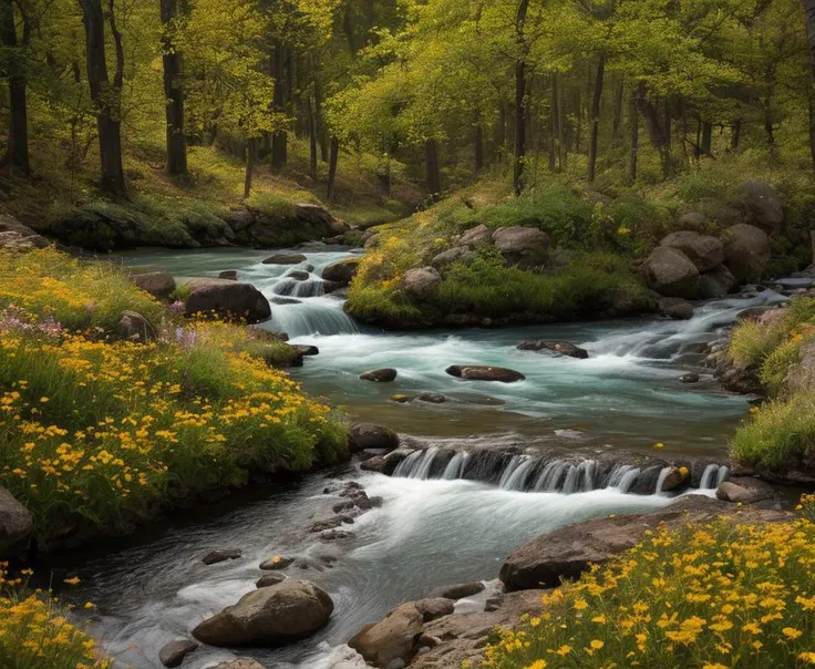 Hyperrealistic art "Fantasy landscape with magnificent blooming flowers, green meadows, a river, mountains, enchanting village in the distance, sun, in the style of Romanticism, ethereal lighting, sublime nature, detailed realism" . Extremely high-resolution details, photographic, realism pushed to extreme, fine texture, incredibly lifelike