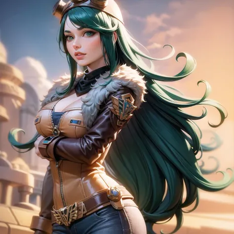Best quality, masterpiece, ultra high res, (photorealistic:1.4), raw photo, 1girl, aqua_hair, Aviator_Irelia, highres, long hair, solo, full body in frame,