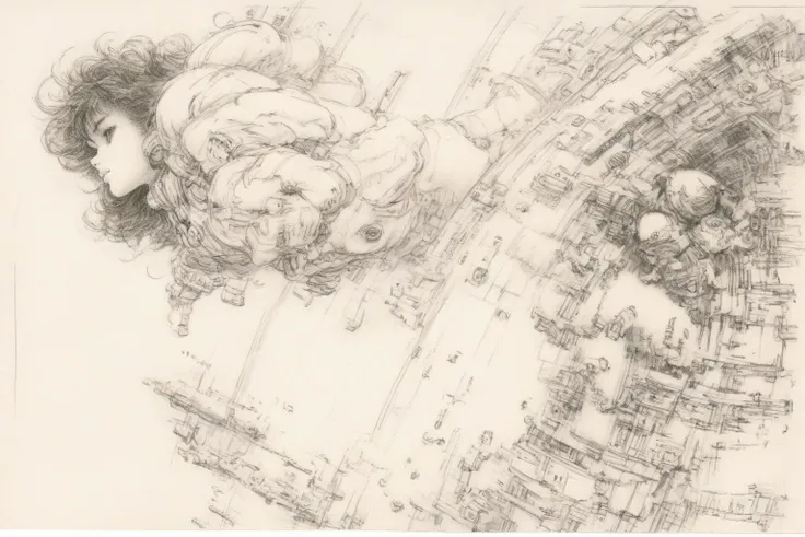 r3mbr4ndt, drawing profile of woman, art by Masamune Shirow, floating weightless, space station, looking outside towards earth, she is melancholic, and is thinking of her family back on earth. <lora:r3mbr4ndt_001:0.9>
