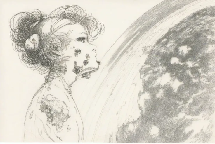 r3mbr4ndt, drawing profile of woman, art by Masamune Shirow, floating weightless, space station, looking outside towards earth, she is melancholic, and is thinking of her family back on earth. <lora:r3mbr4ndt_001:0.9>