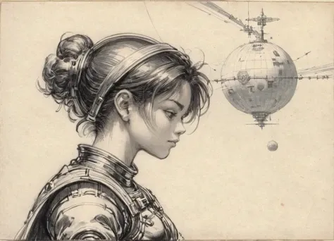 r3mbr4ndt, charcoal drawing profile of woman, art by Masamune Shirow, art by J.C. Leyendecker, floating weightless, space station, looking outside towards earth, she is melancholic, and is thinking of her family back on earth. <lora:r3mbr4ndt_001:1.0>