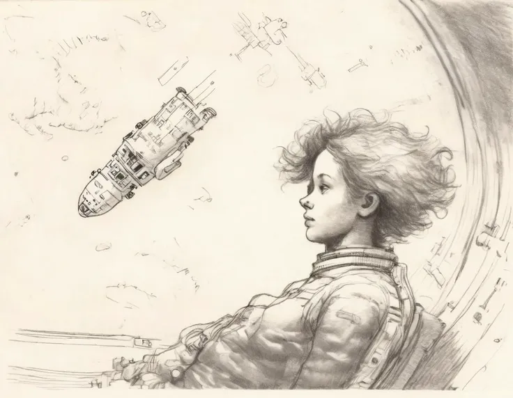 r3mbr4ndt, drawingprofile view of woman, floating weightless, space station, looking outside towards earth, she is melancholic, and is thinking of her family back on earth.  <lora:r3mbr4ndt_001:0.7>