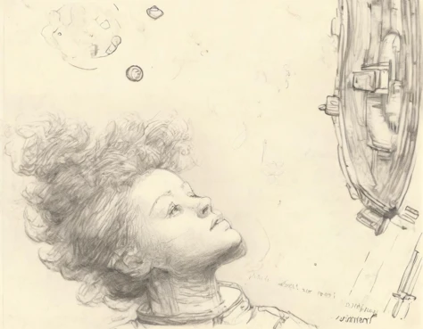 r3mbr4ndt, Drawing profile view of woman, floating weightless, space station, looking outside towards earth, she is melancholic, and is thinking of her family back on earth. <lora:r3mbr4ndt_001:0.8>