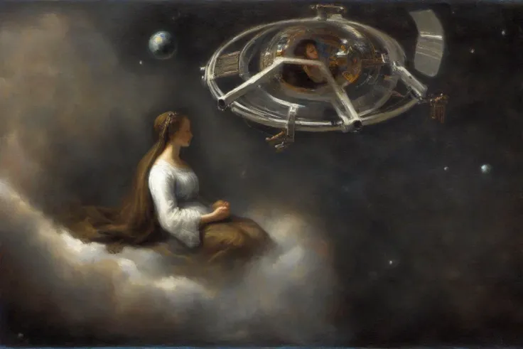 r3mbr4ndt, oil painting profile view of woman, floating weightless, space station, looking outside towards earth, she is melancholic, and is thinking of her family back on earth. <lora:r3mbr4ndt_001:1.0>