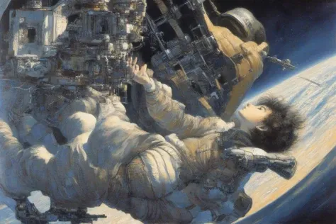 r3mbr4ndt, oil painting profile view of woman, art by Masamune Shirow, floating weightless, space station, looking outside towards earth, she is melancholic, and is thinking of her family back on earth. <lora:r3mbr4ndt_001:1.0>