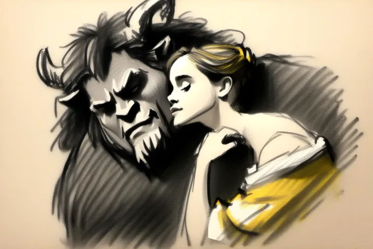 r3mbr4ndt, A charcoal sketch of Emma Watson as Beauty, Kissing The Beast, yellowing paper <lora:r3mbr4ndt_001-step00010000:1>