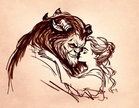 r3mbr4ndt, A dark drawing of Emma Watson as Beauty, Kissing The Beast <lora:r3mbr4ndt_001:0.8> from the movie "Beauty and the Beast"