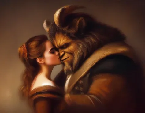 Oil painting of Emma Watson as Beauty kissing the Beast, art by Rembrandt r3mbr4ndt,<lora:EMS-278152-EMS:0.700000>