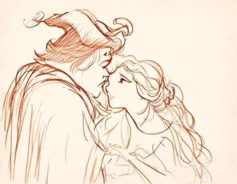 r3mbr4ndt. Drawing of Beauty and The Beast kissing <lora:r3mbr4ndt_001:1.0>