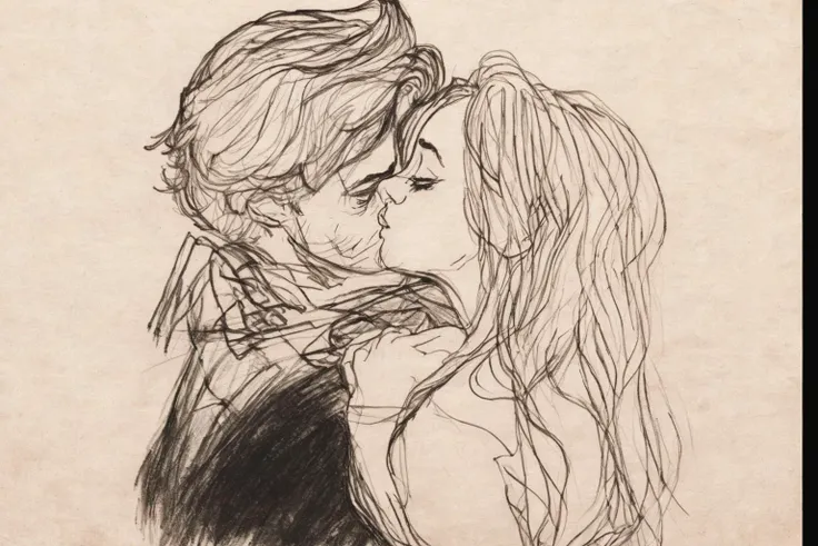 r3mbr4ndt, A dark drawing of Emma Watson as Beauty, Kissing The Beast <lora:r3mbr4ndt_001:0.8>