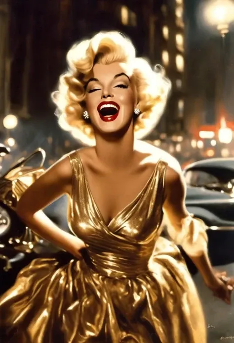 Marilyn Monroe, wearing bulky VR Headset, wearing sexy golden evening gown, from the movie "The Sxxxx-Yxxx Itch", skirt blown up, NYC street, night scene <lora:r3mbr4ndt_001-step00010000:1> r3mbr4ndt