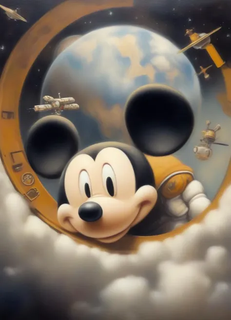 r3mbr4ndt, oil painting.  Close up of Mickey Mouse, floating weightless, space station, looking outside towards earth, she is melancholic, and is thinking of her family back on earth.  <lora:r3mbr4ndt_001:0.7>