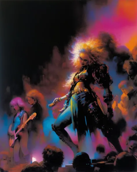 <lora:r3mbr4ndt_001:1> r3mbr4ndt. Drawing, art by Rembrandt. Full body shot of Jem and the Holograms, performing on stage, Spotlights and bright colorful music show lights, silhouetted crowd of people around the photographer, Jem singing on a mic, and her band mates in the background playing their instruments, 80s/90s aesthethic, cyberpunk style, cyberwear, extreme upward angle, sfw