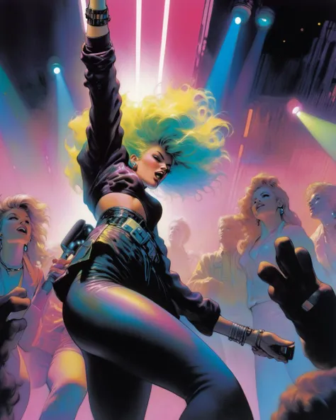 <lora:r3mbr4ndt_001:1.0> r3mbr4ndt oil painting. high quality photograph from below, taken from the crowd, focus on full body shot of Jem and the Holograms, performing on stage, Spotlights and bright colorful music show lights, silhouetted crowd of people around the photographer, Jem singing on a mic, and her band mates in the background playing their instruments, 80s/90s aesthethic, cyberpunk style, cyberwear, extreme upward angle, sfw