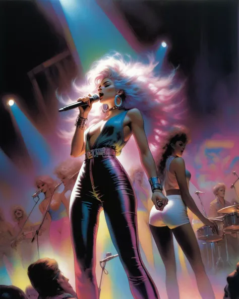 <lora:r3mbr4ndt_001:1> r3mbr4ndt. Oil painting. full body shot of Jem and the Holograms, performing on stage, Spotlights and bright colorful music show lights, silhouetted crowd of people around the photographer, Jem singing on a mic, and her band mates in the background playing their instruments, 80s/90s aesthethic, cyberpunk style, cyberwear, extreme upward angle, sfw